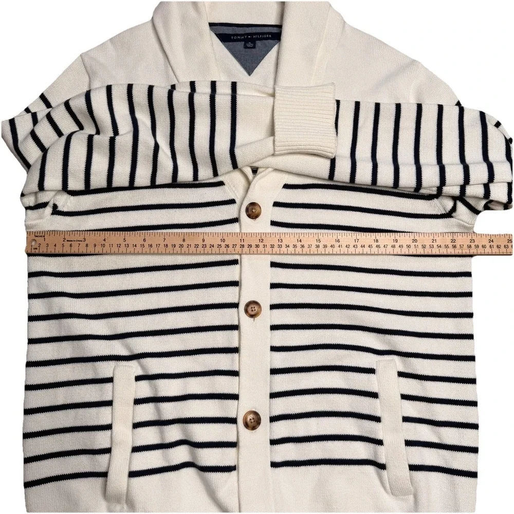 Tommy Hilfiger Shawl Collar Knit Cardigan Ivory & Black Striped Men's XL 100%cot